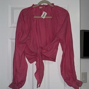 Pink RAMY BROOKE Long Sleeve Cropped Top - Tie Front - Size Small - BRAND NEW